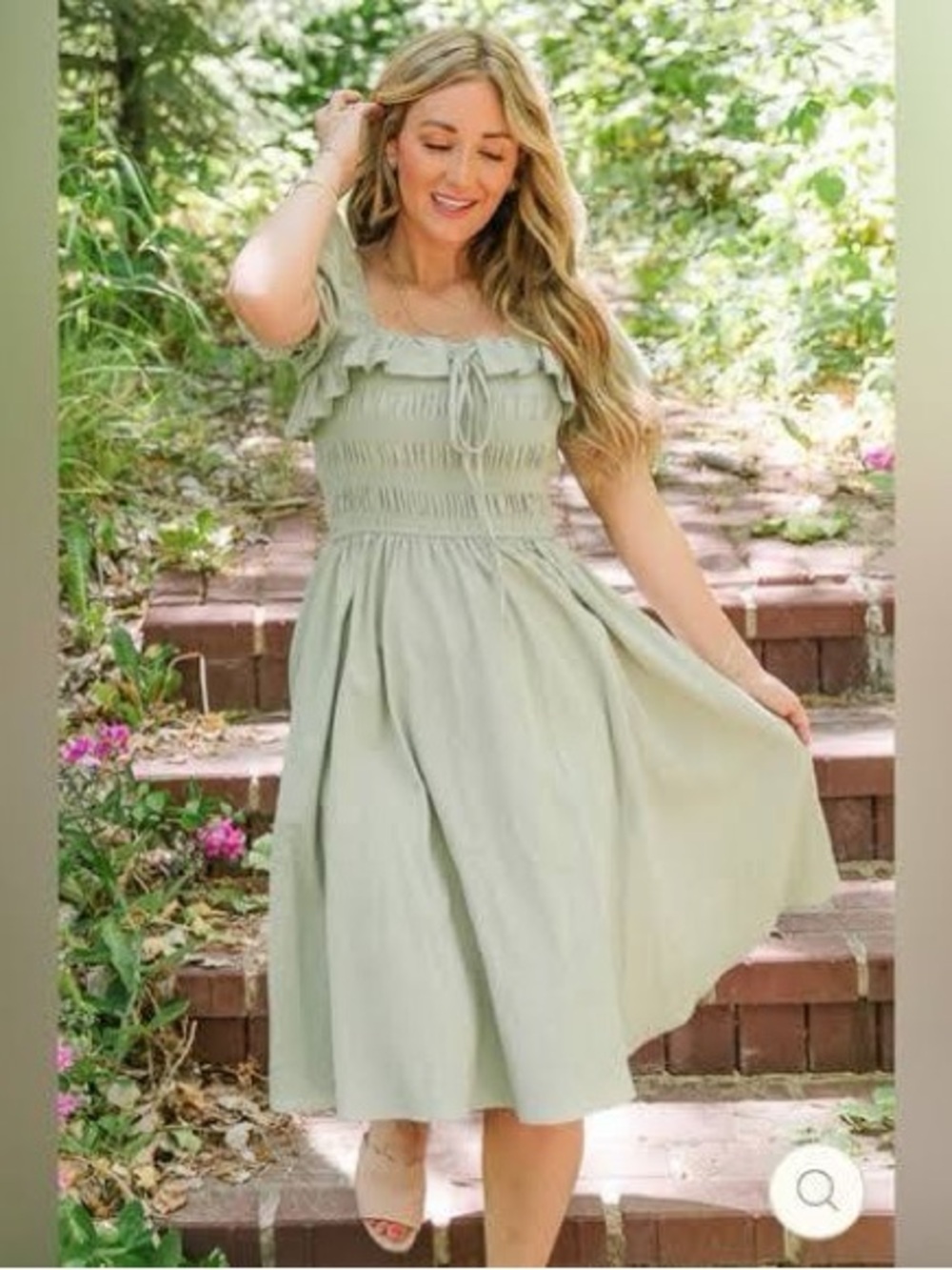 Ivy City Co. Sage Green Smocked Puff Sleeve Midi Cottagecore Dress – Small